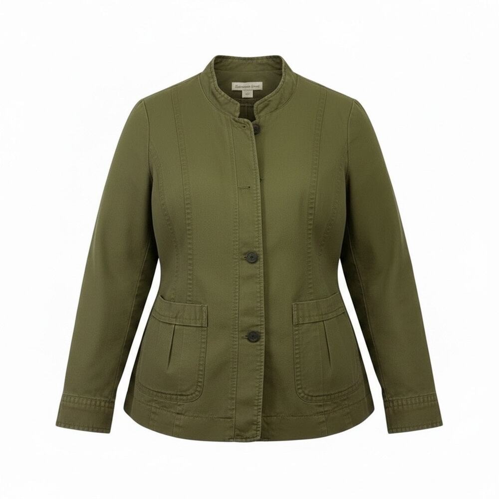 Coldwater Creek Jacket Olive Green Linen Utility Mandarin Collar Blazer Size 14